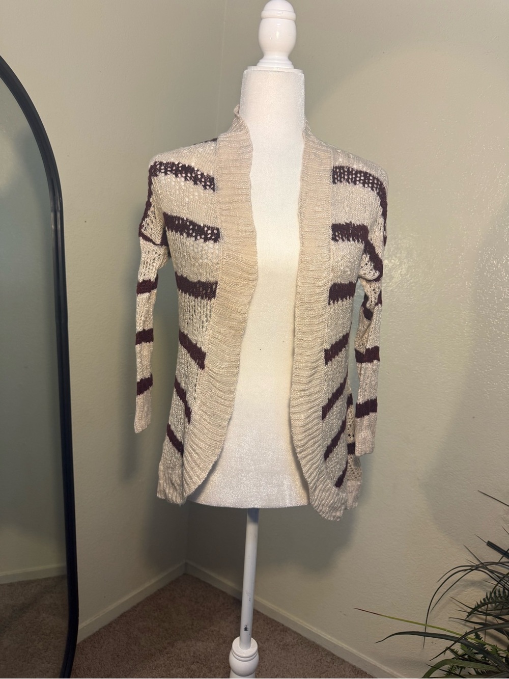 Pink Rose Cream Cardigan with Burgundy Stripes